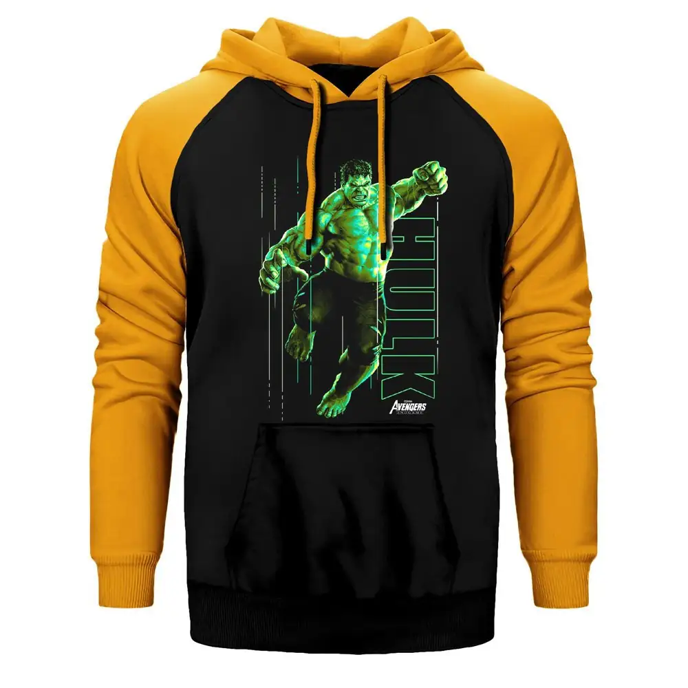 Hulk Attack Hoodie, Double Color Raglan Sleeve Yellow Sweatshirt