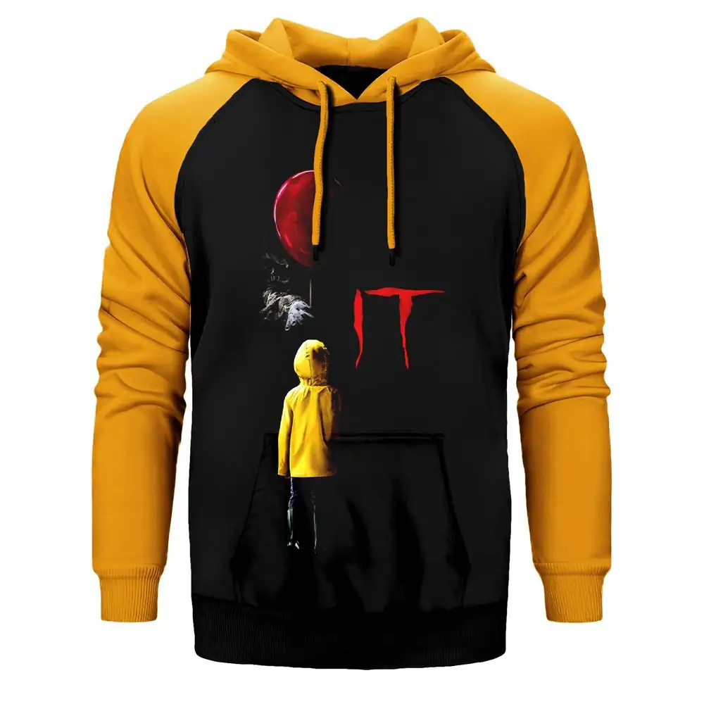 IT Child and Balloon Hoodie, Double Color Raglan Sleeve Yellow Sweatshirt