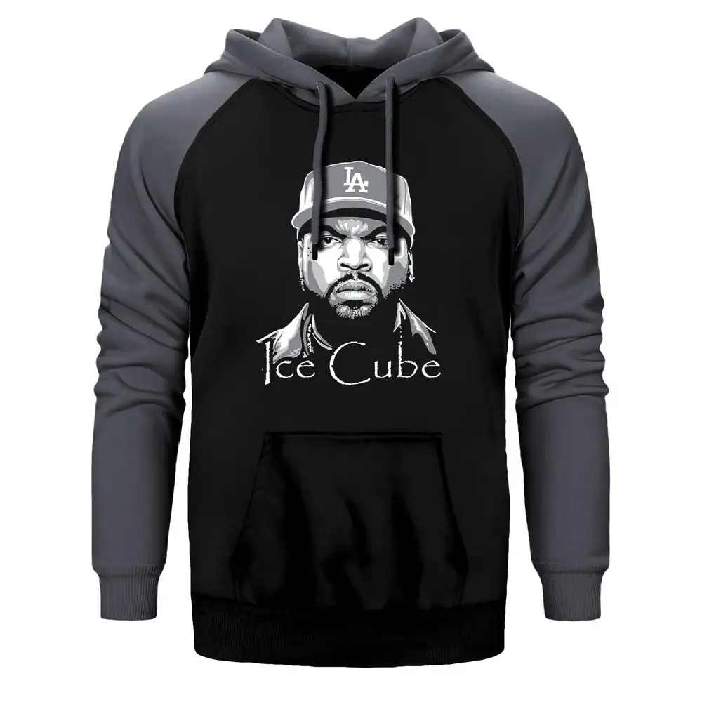 Ice Cube BW Hoodie, Double Color Raglan Sleeve Gray Sweatshirt