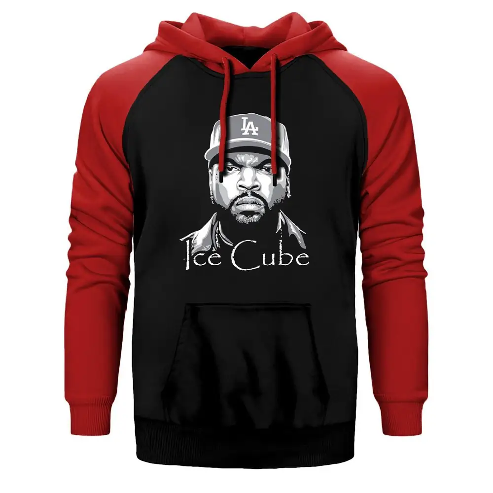 Ice Cube BW Hoodie, Double Color Raglan Sleeve Red Sweatshirt