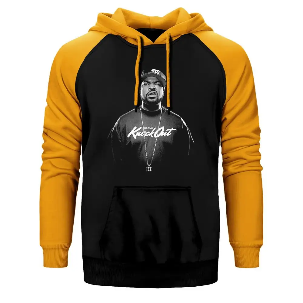 Ice Cube Knock Out Hoodie, Double Color Raglan Sleeve Yellow Sweatshirt