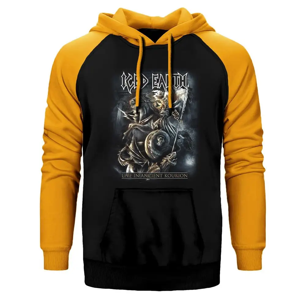 Ice Earth Hoodie, Double Color Raglan Sleeve Yellow Sweatshirt