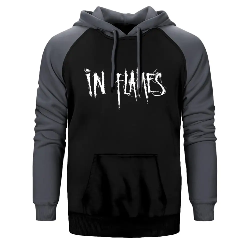In Flames Logo Hoodie, Double Color Raglan Sleeve Gray Sweatshirt