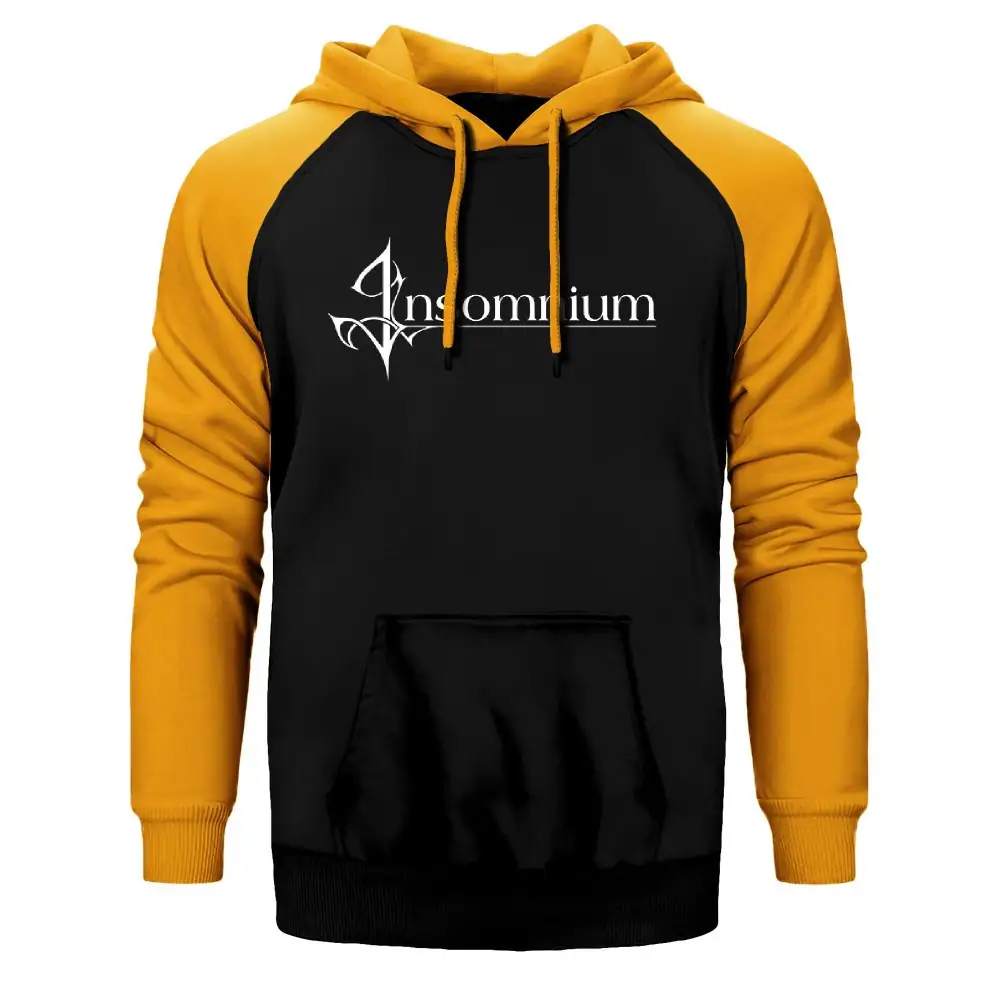 Insomnium Logo Hoodie, Double Color Raglan Sleeve Yellow Sweatshirt