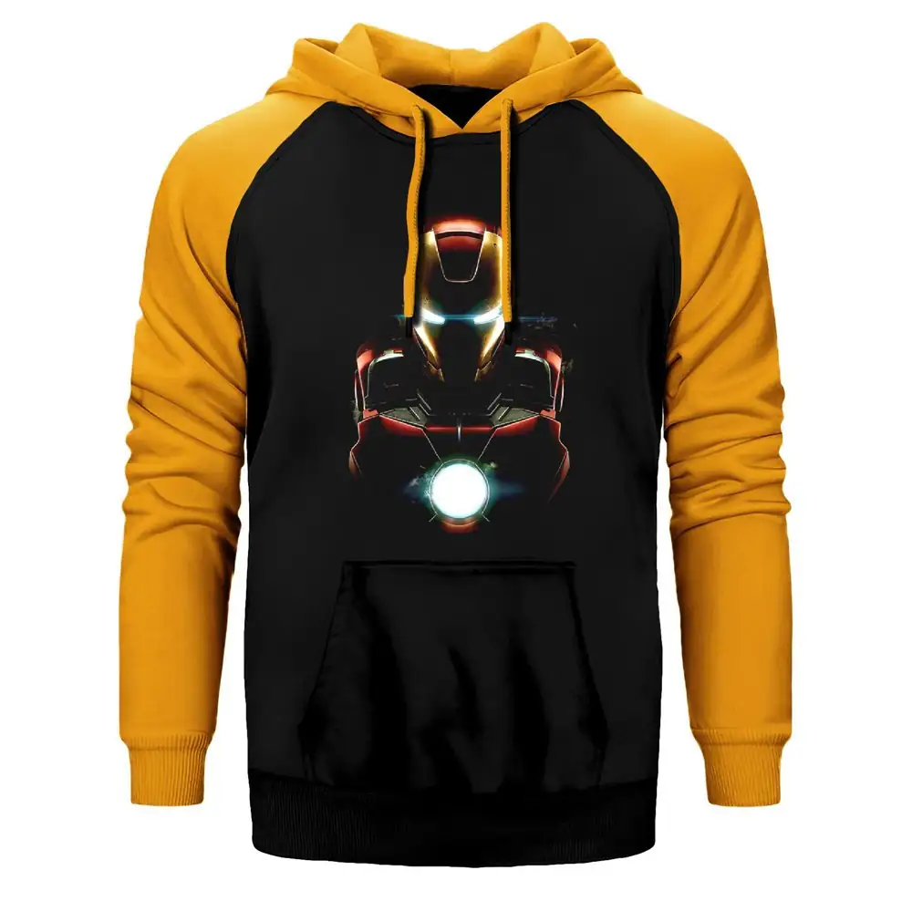 Iron Man Armor Hoodie, Double Color Raglan Sleeve Yellow Sweatshirt