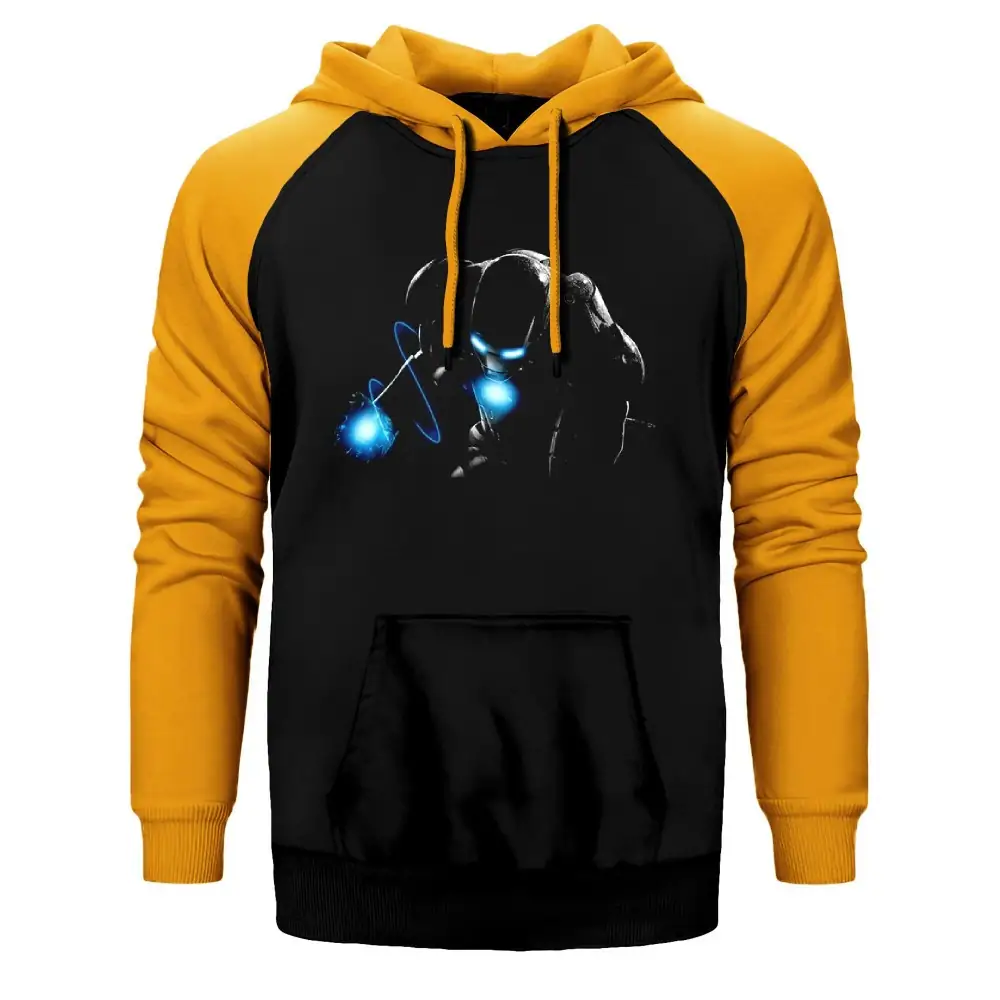 Iron Man in the Dark Hoodie, Double Color Raglan Sleeve Yellow Sweatshirt