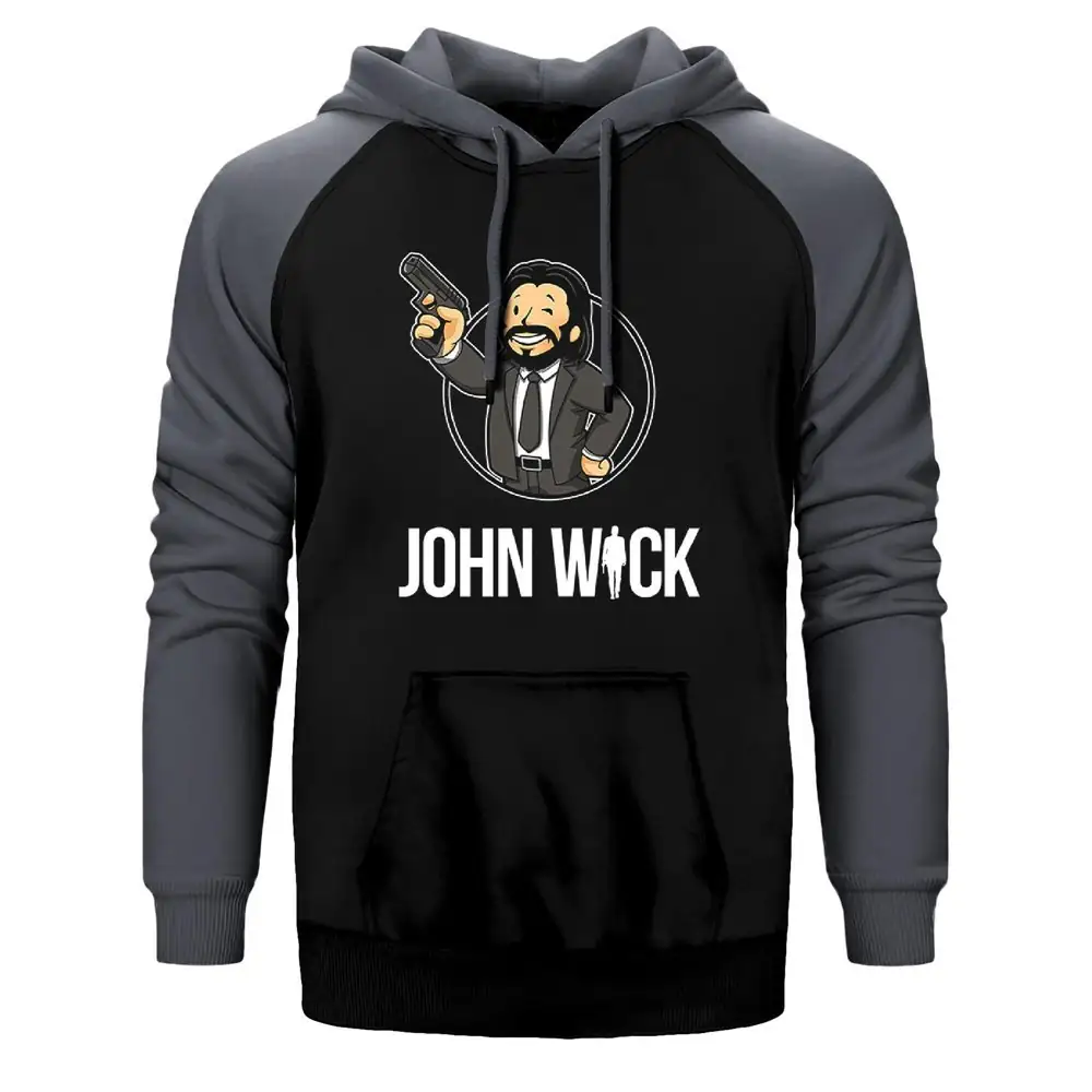 John Wick Cartoon Hoodie, Double Color Raglan Sleeve Gray Sweatshirt