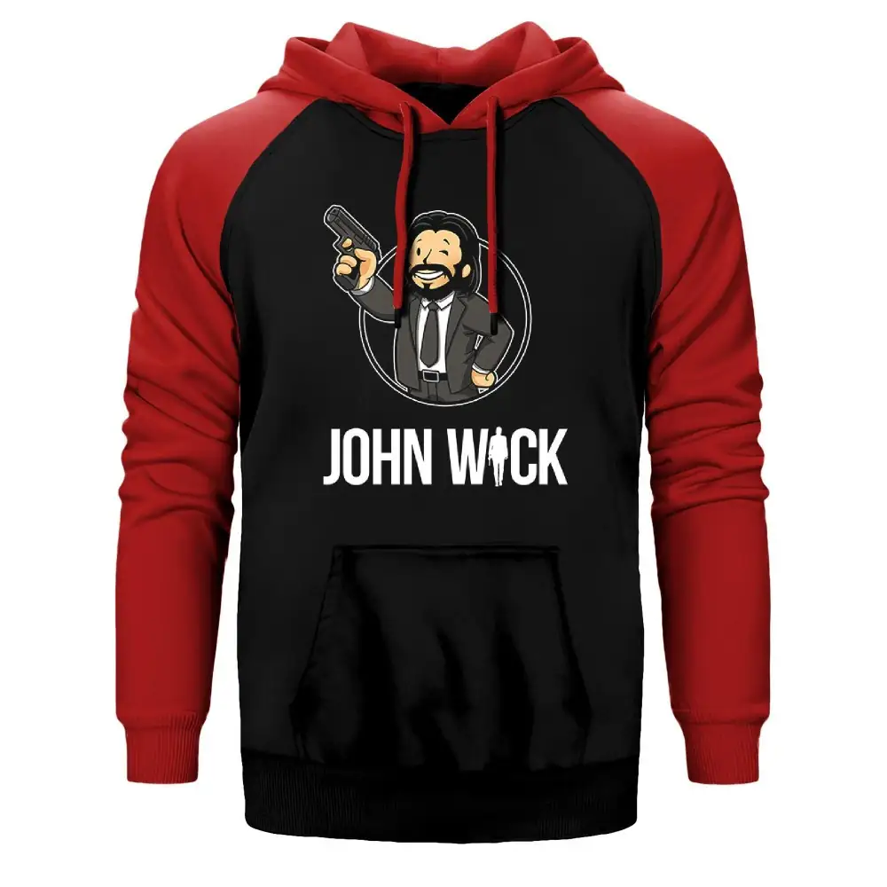 John Wick Cartoon Hoodie, Double Color Raglan Sleeve Red Sweatshirt