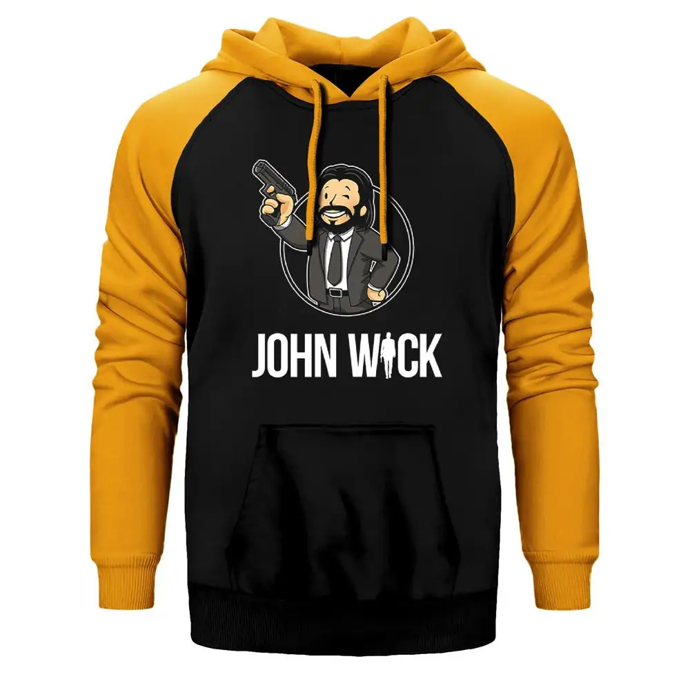 John Wick Cartoon Hoodie, Double Color Raglan Sleeve Yellow Sweatshirt