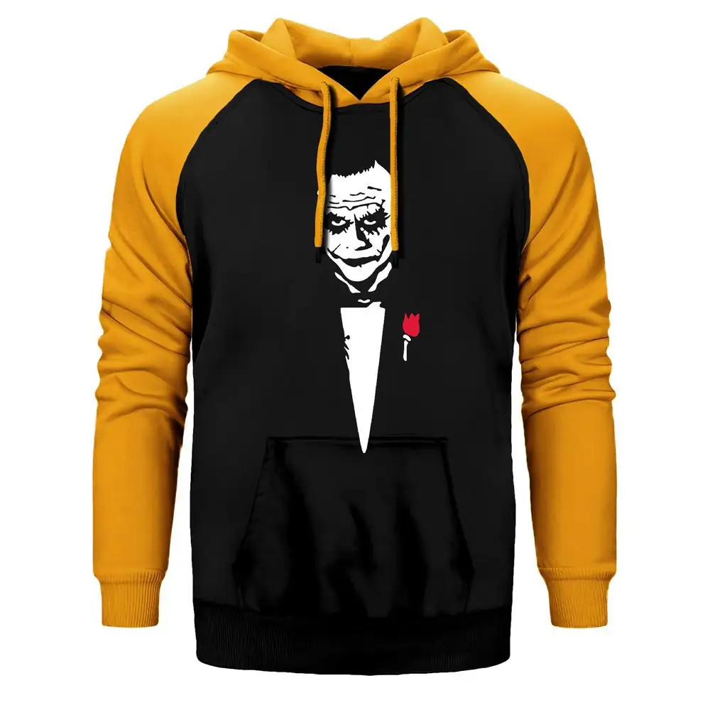 Joker Godfather Hoodie, Double Color Raglan Sleeve Yellow Sweatshirt