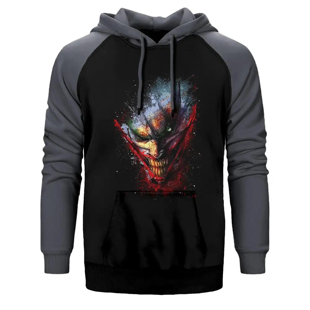 Joker Splash Hoodie, Double Color Raglan Sleeve Gray Sweatshirt