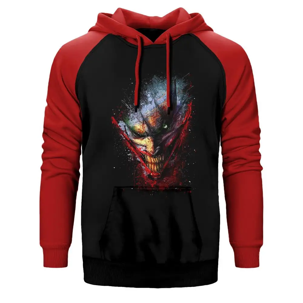 Joker Splash Hoodie, Double Color Raglan Sleeve Red Sweatshirt