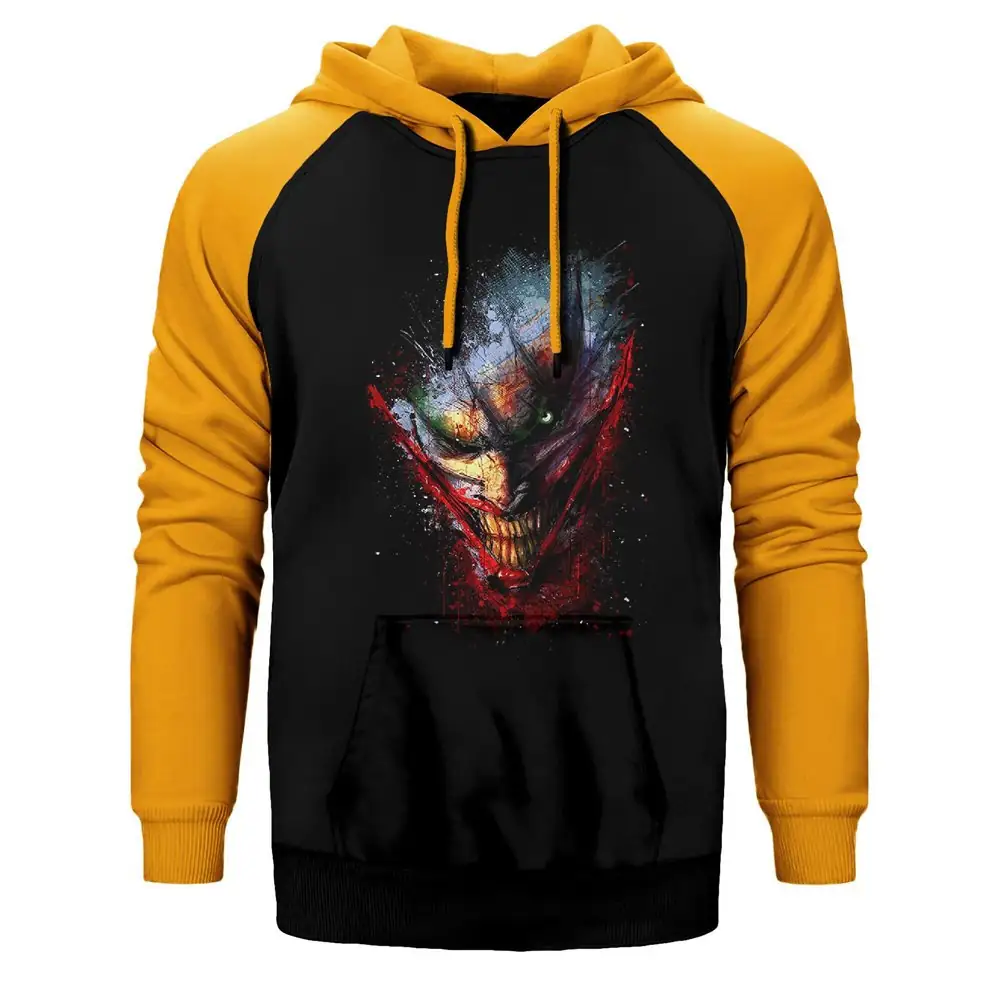 Joker Splash Hoodie, Double Color Raglan Sleeve Yellow Sweatshirt