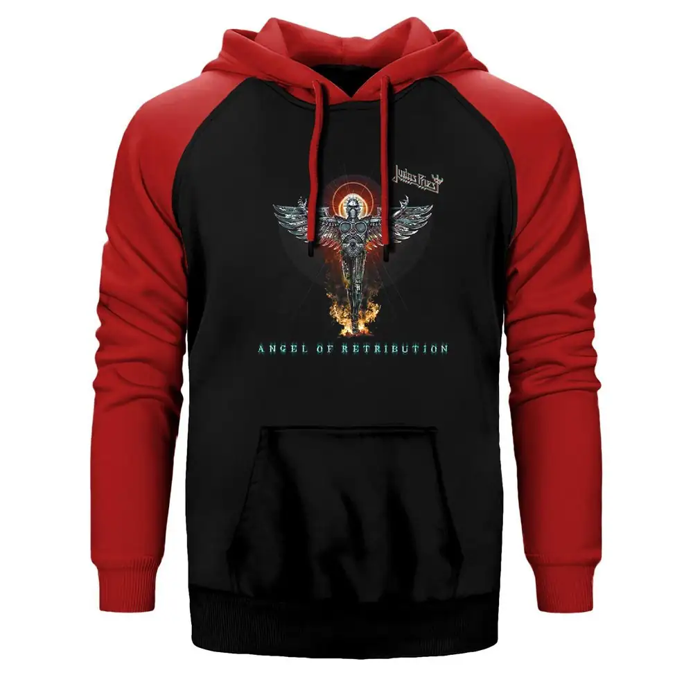 Judas Priest Angel of Retribution Hoodie, Double Color Raglan Sleeve Red Sweatshirt