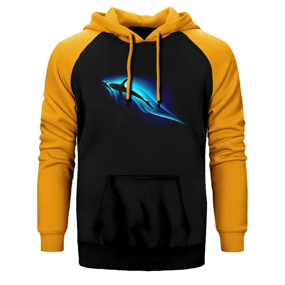 Killer Whale Hoodie, Double Color Raglan Sleeve Yellow Sweatshirt