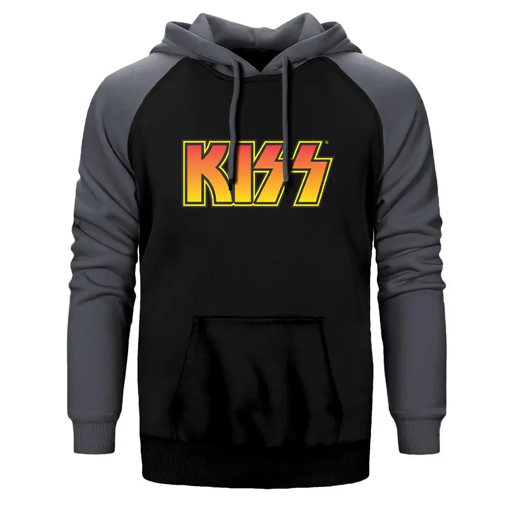 Kiss Colored Hoodie, Double Color Raglan Sleeve Gray Sweatshirt