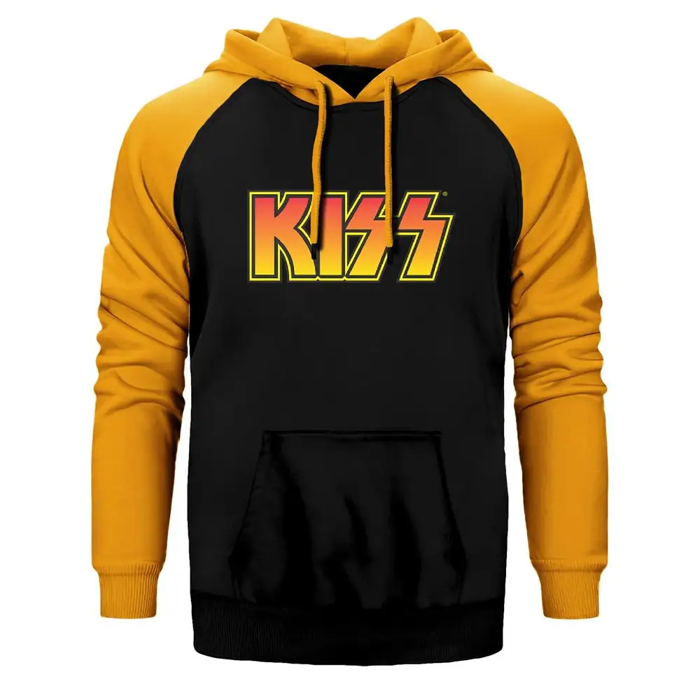 Kiss Colored Hoodie, Double Color Raglan Sleeve Yellow Sweatshirt