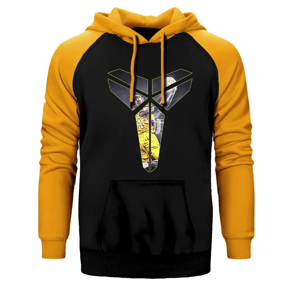 Kobe Bryant Logo Hoodie, Double Color Raglan Sleeve Yellow Sweatshirt