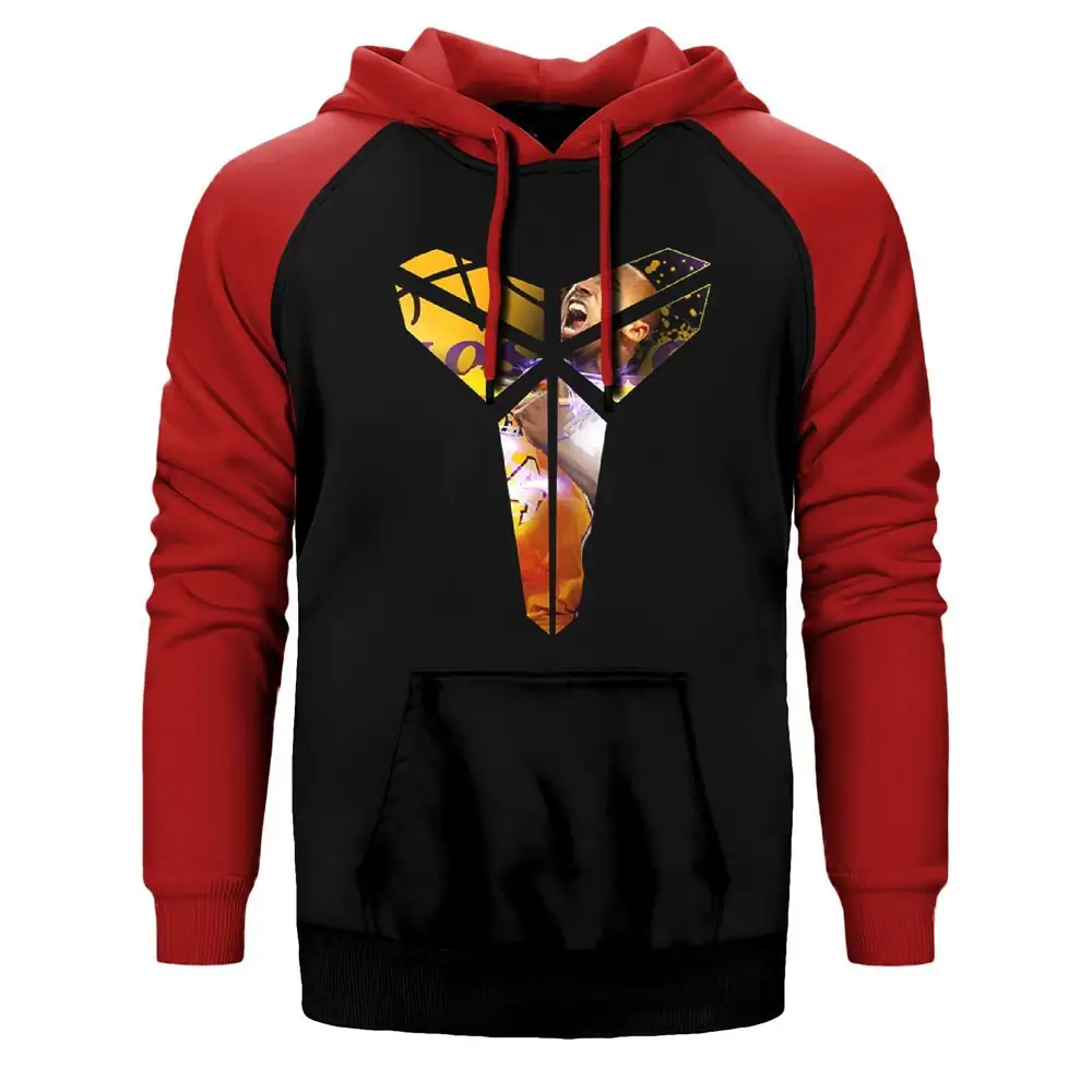 Kobe Bryant Logo Hoodie, Double Color Raglan Sleeve Red Sweatshirt