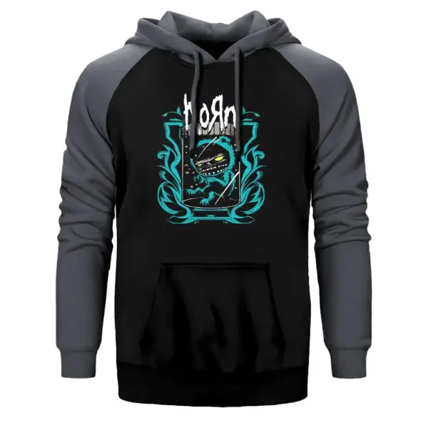 Korn Blue Monster Hoodie, Double Color Raglan Sleeve Gray Sweatshirt