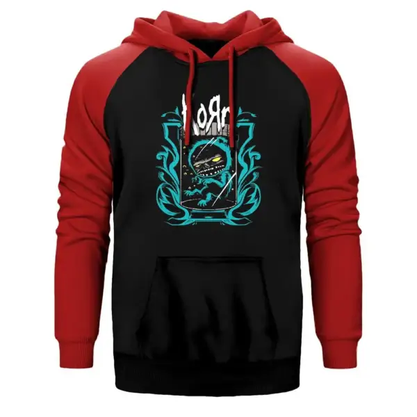 Korn Blue Monster Hoodie, Double Color Raglan Sleeve Red  Sweatshirt