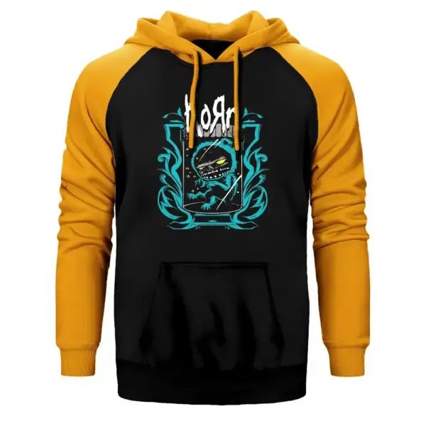 Korn Blue Monster Hoodie, Double Color Raglan Sleeve Yellow Sweatshirt
