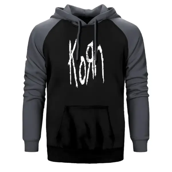 Korn Logo Hoodie, Double Color Raglan Sleeve Gray Sweatshirt