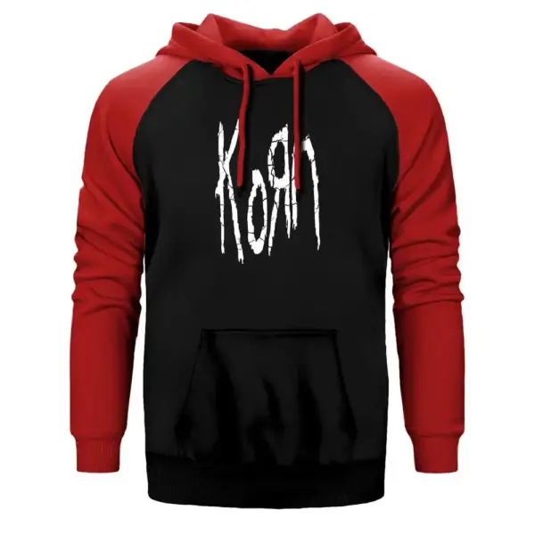 Korn Logo Hoodie, Double Color Raglan Sleeve Red Sweatshirt