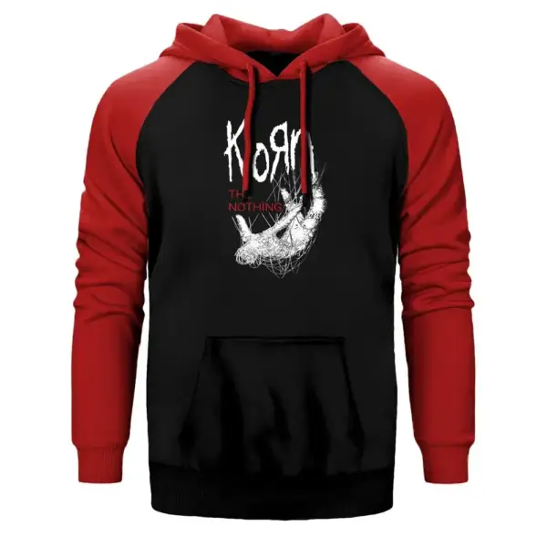 Korn The Nothing Hoodie, Double Color Raglan Sleeve Red Sweatshirt