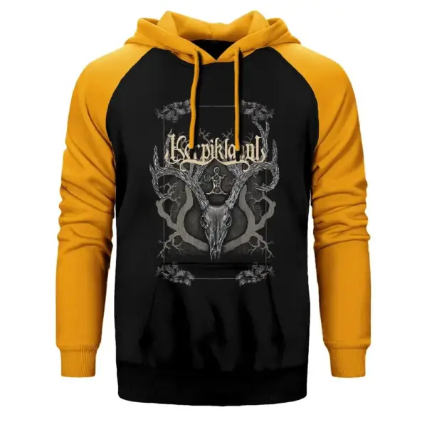 Korpikland Chaos Hoodie, Double Color Raglan Sleeve Yellow Sweatshirt