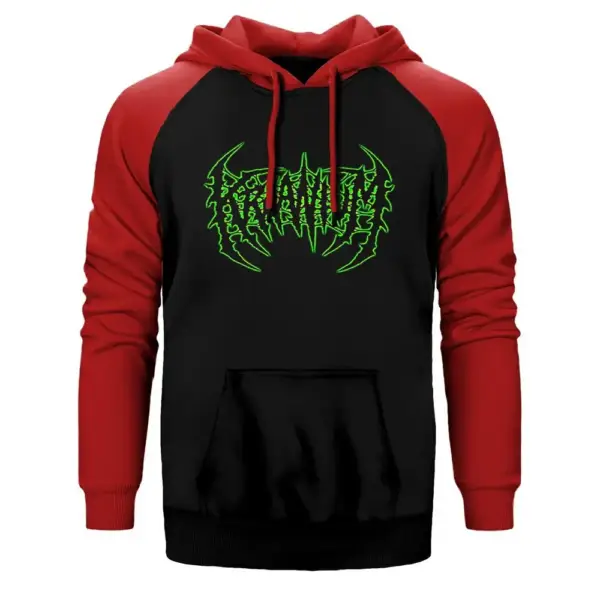 Kraanium Hoodie, Double Color Raglan Sleeve Red Sweatshirt