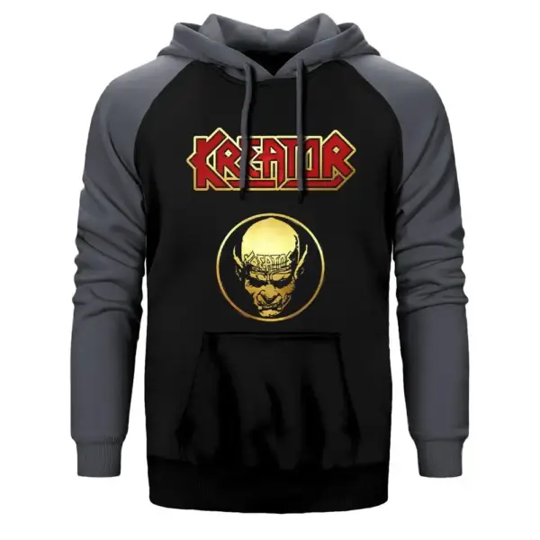 Kreator Face Hoodie, Double Color Raglan Sleeve Gray Sweatshirt
