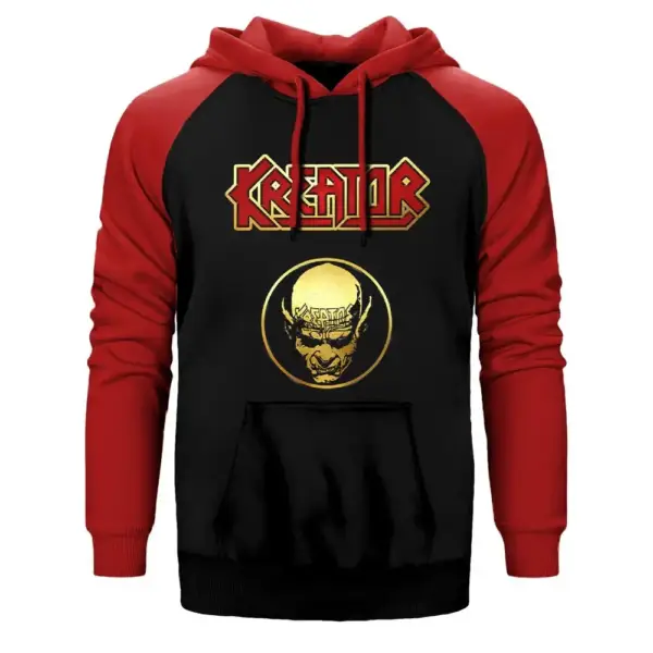 Kreator Face Hoodie, Double Color Raglan Sleeve Red Sweatshirt