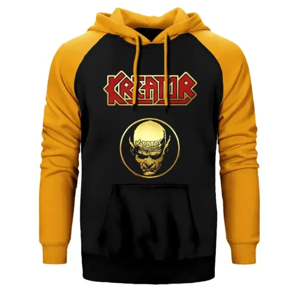 Kreator Face Hoodie, Double Color Raglan Sleeve Yellow  Sweatshirt