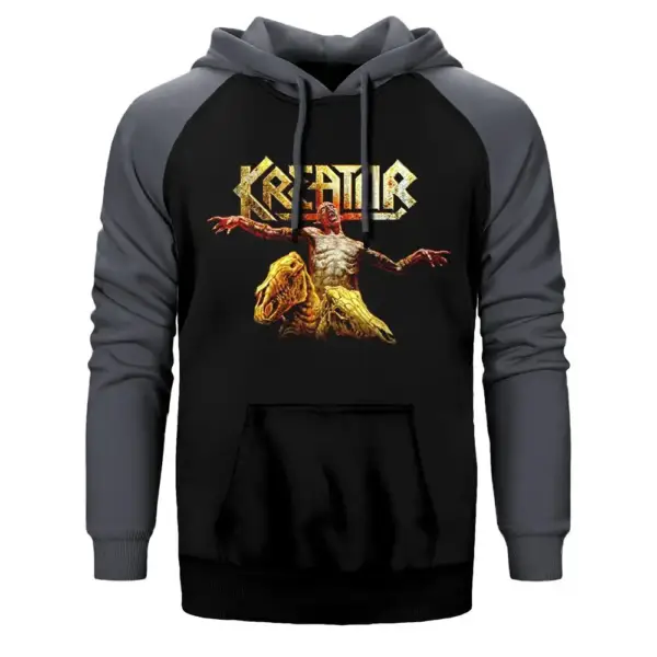 Kreator Horror Hoodie, Double Color Raglan Sleeve Gray Sweatshirt