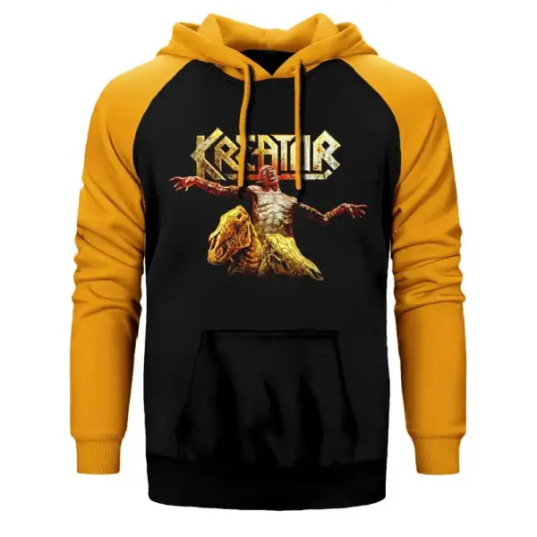 Kreator Horror Hoodie, Double Color Raglan Sleeve Yellow Sweatshirt
