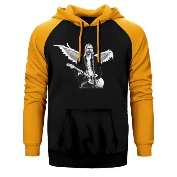 Kurt Cobain Hoodie, Double Color Raglan Sleeve Yellow Sweatshirt