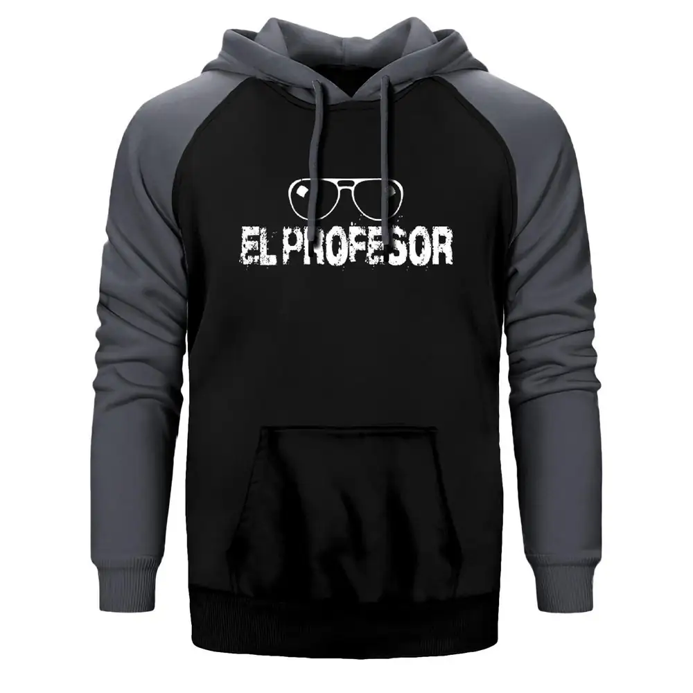 La Casa De Papel El Professor Glasses Double Color Raglan Sleeve Grey Hoodie Sweatshirt