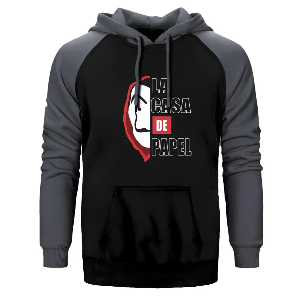 La Casa De Papel Half Face Double Color Raglan Sleeve Grey Hoodie Sweatshirt