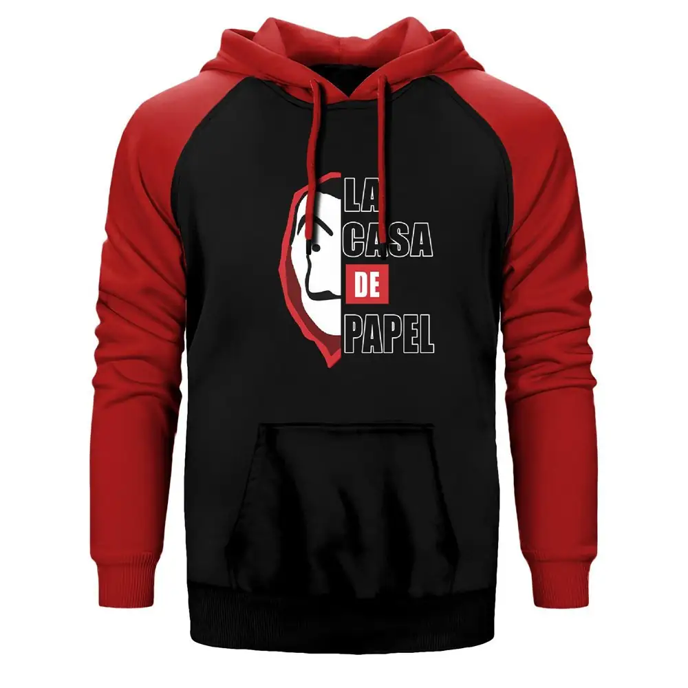 La Casa De Papel Half Face Double Color Raglan Sleeve Red Hoodie Sweatshirt