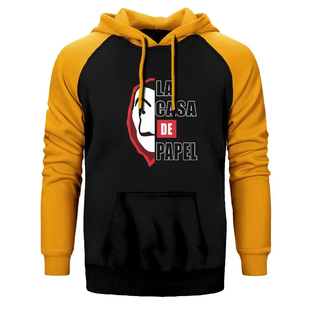 La Casa De Papel Half Face Double Color Raglan Sleeve Yellow Hoodie Sweatshirt