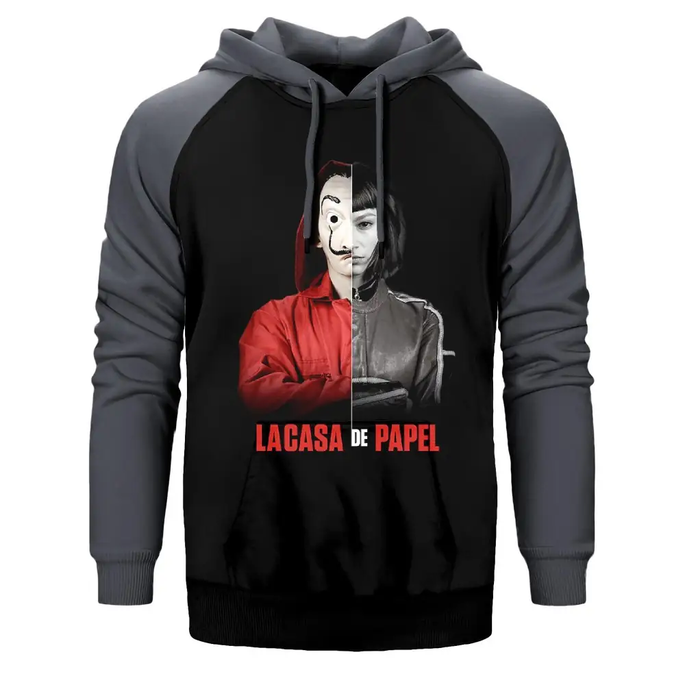 La Casa De Papel Half Tokio Double Color Raglan Sleeve Grey Hoodie Sweatshirt