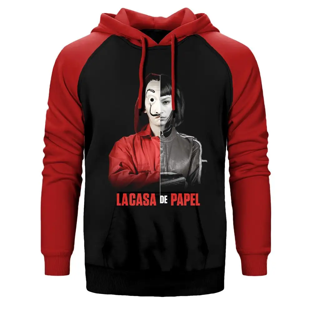 La Casa De Papel Half Tokio Double Color Raglan Sleeve Red Hoodie Sweatshirt