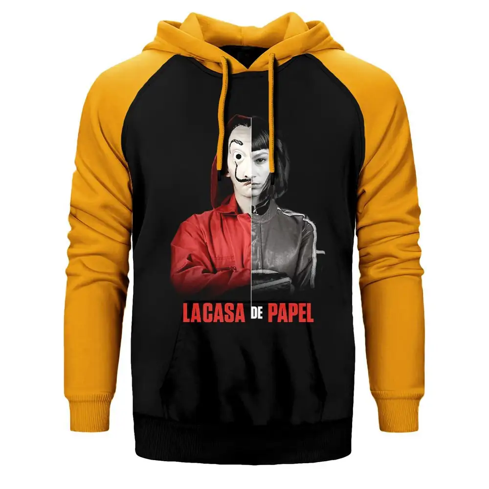 La Casa De Papel Half Tokio Double Color Raglan Sleeve Yellow Hoodie Sweatshirt
