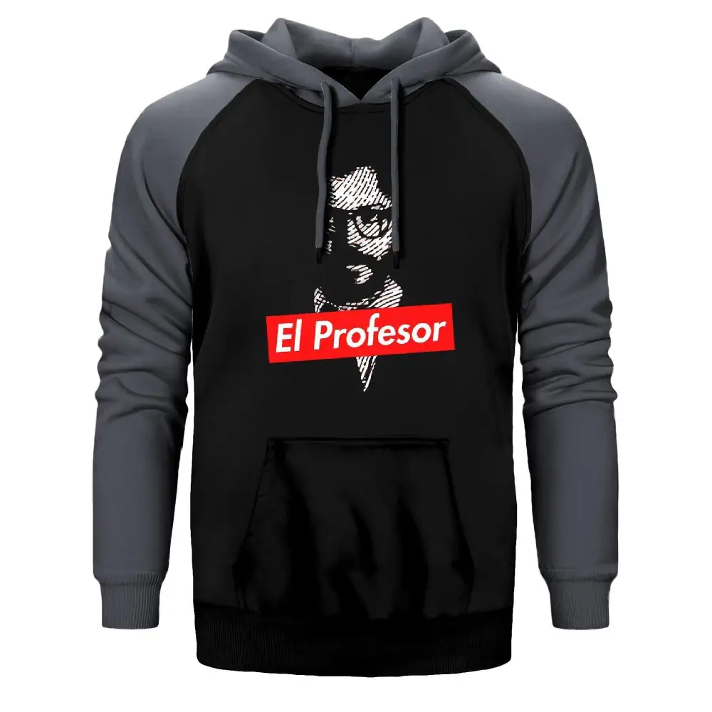 La Casa De Papel Professor Double Color Raglan Sleeve Grey Hoodie Sweatshirt