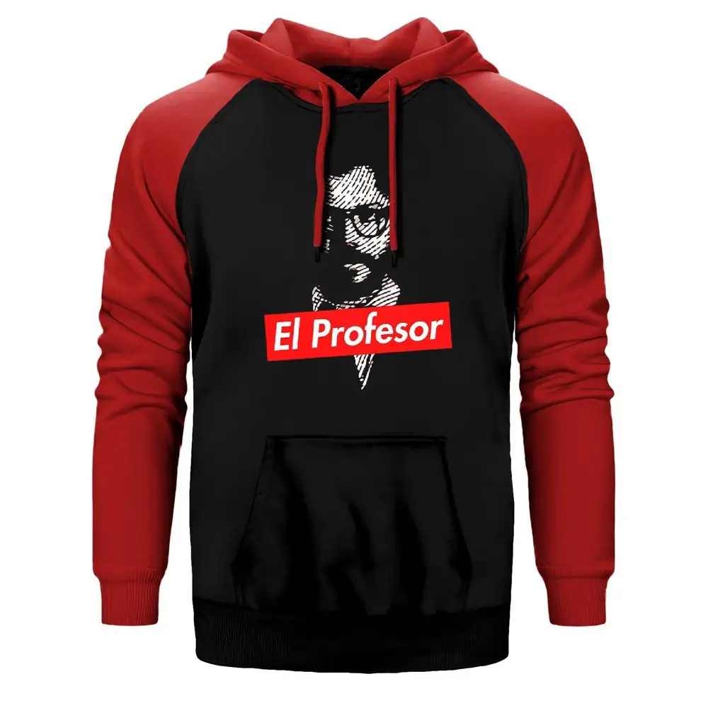 La Casa De Papel Professor Double Color Raglan Sleeve Red Hoodie Sweatshirt