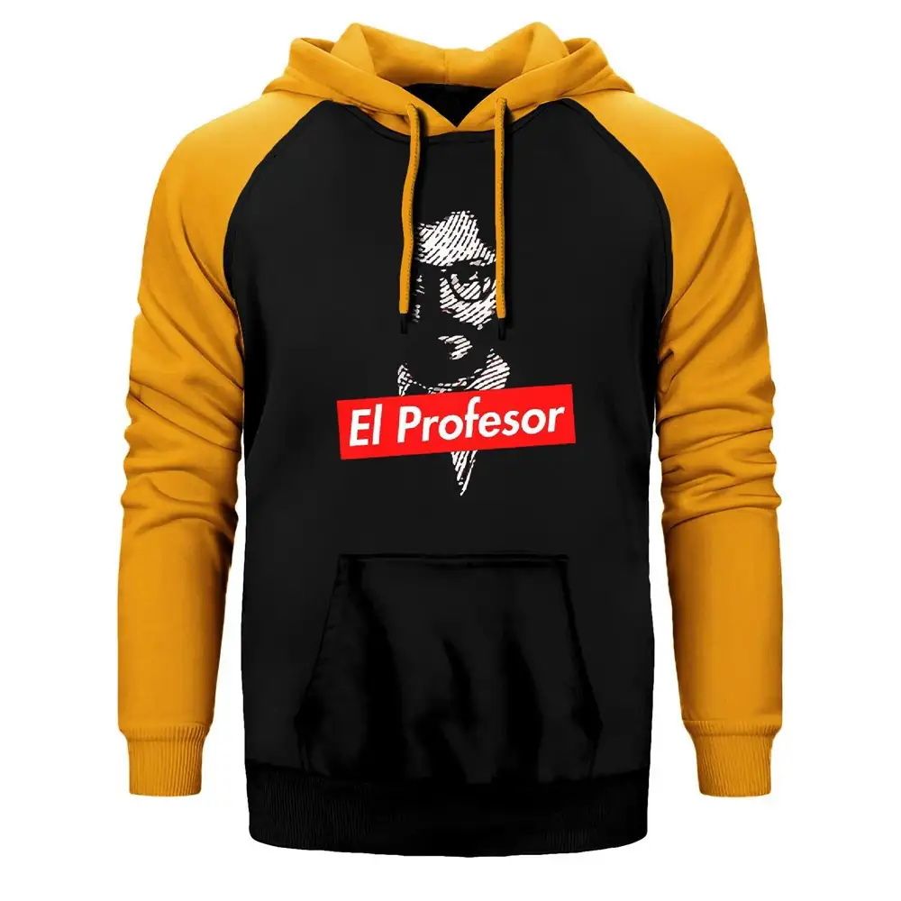 La Casa De Papel Professor Double Color Raglan Sleeve Yellow Hoodie Sweatshirt