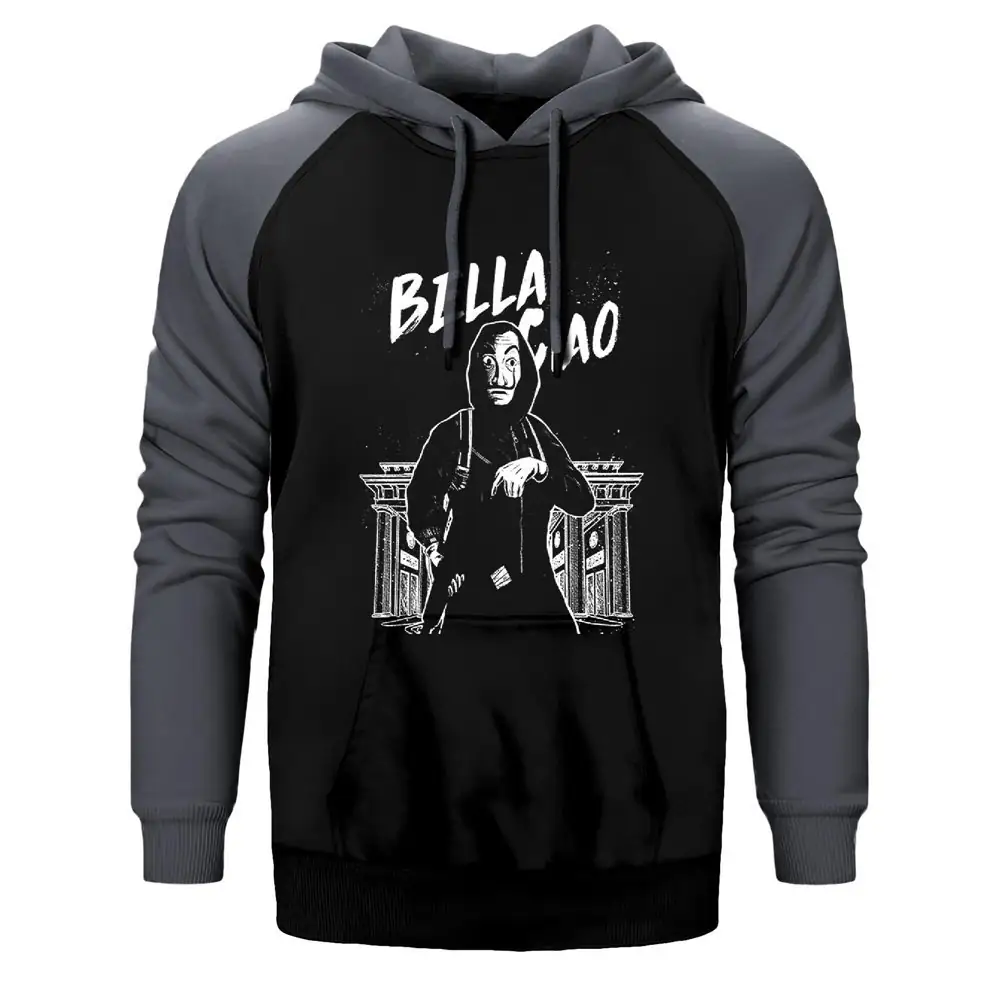 La Casa de Papel Bella Ciao Double Color Raglan Sleeve Grey Hoodie Sweatshirt