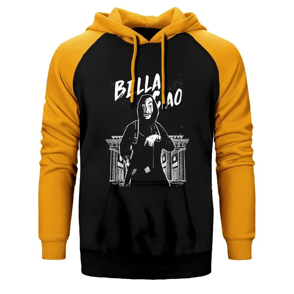 La Casa de Papel Bella Ciao Double Color Raglan Sleeve Yellow Hoodie Sweatshirt