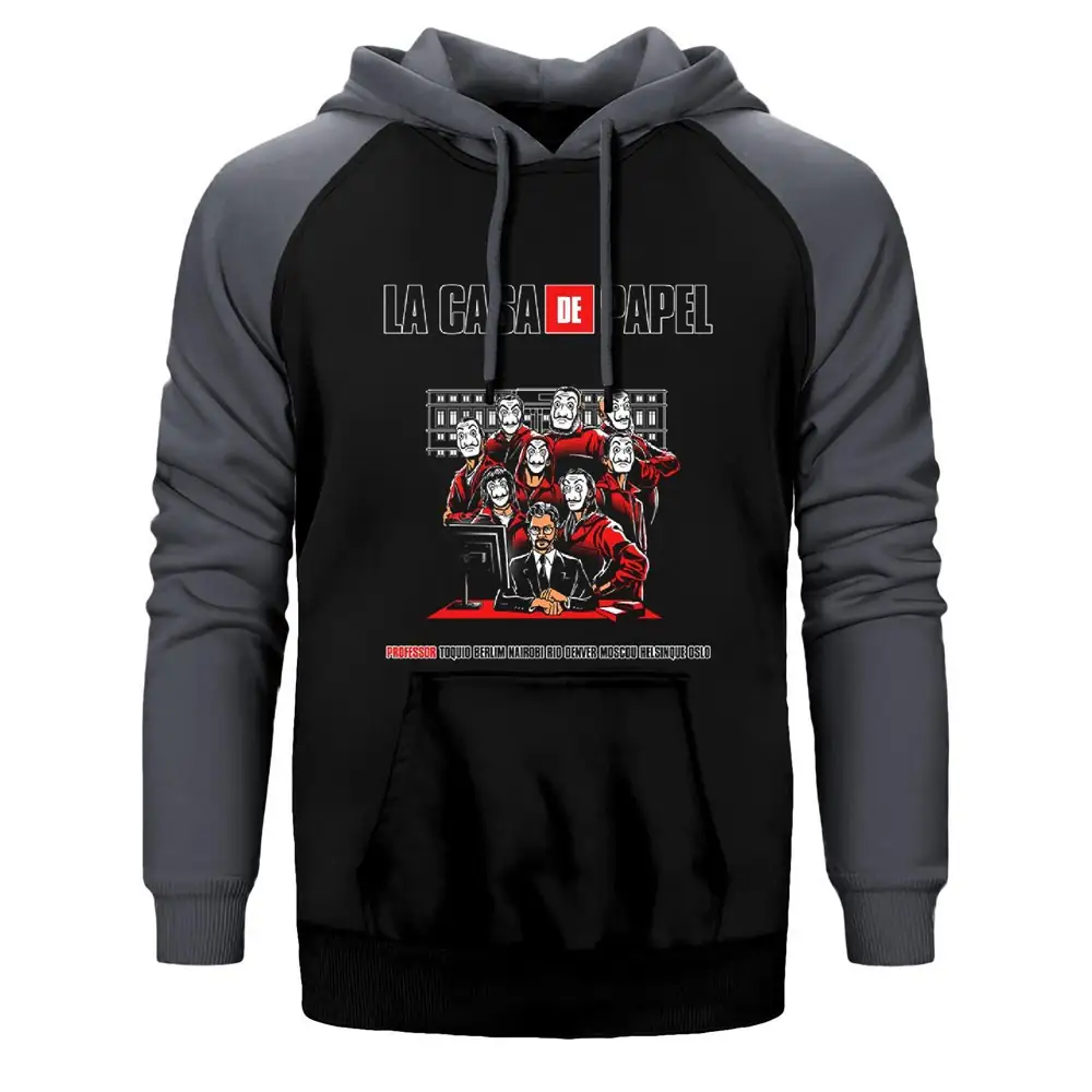 La Casa de Papel Team Double Color Raglan Sleeve Grey Hoodie Sweatshirt
